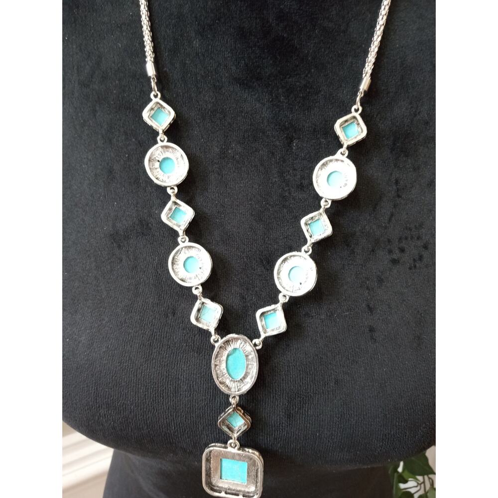 Southwestern Turquoise Blue Stone Pendant Necklace Silver Tone Statement - Picture 5 of 5